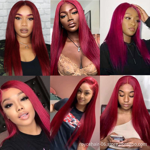 99J Human Hair Lace Front Wigs,Red Ombre Brazilian Virgin Hair Weave Colored Pre Plucked 4x4 Transparent Swiss Lace Closure Wig